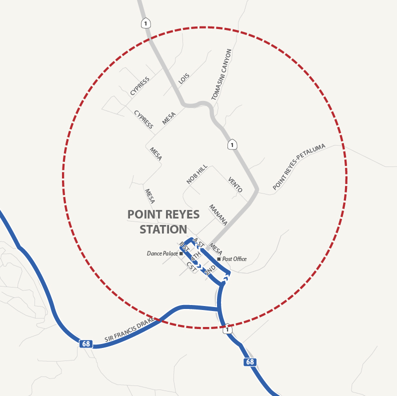 A map showing the radius around Point Reyes Station served by Dial-A-Ride. The service area includes the intersection of Highway 1 and Sir Francis Drake Boulevard to the south, and extends north past Cypress and Lois Streets off Highway 1.